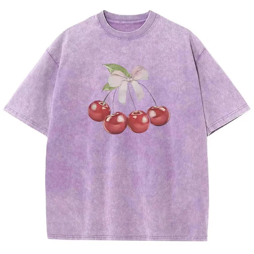 Cherry Print Tshirt Cotton Washed T-Shirts Summer Casual O-Neck Distressed T-Shirt T Shirt Cherry Short Sleeve Streetwear