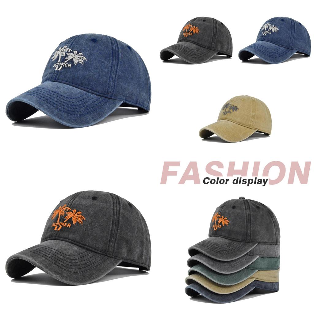 Retro Embroidered Coconut Tree Baseball Cap Vintage Embroidery Duck Tongue Cap Washed Denim Sun Hat Wide Brim
