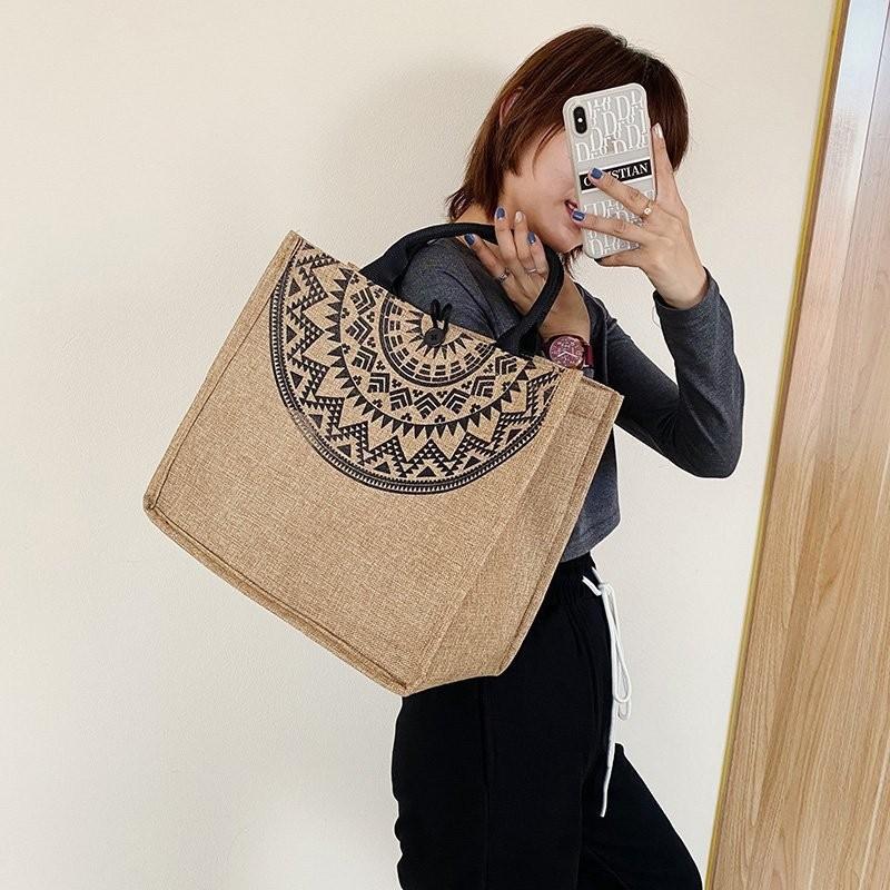 Tote Flax Printed Bag For Women Large Capacity Shoulder Bag With Commuter Casual