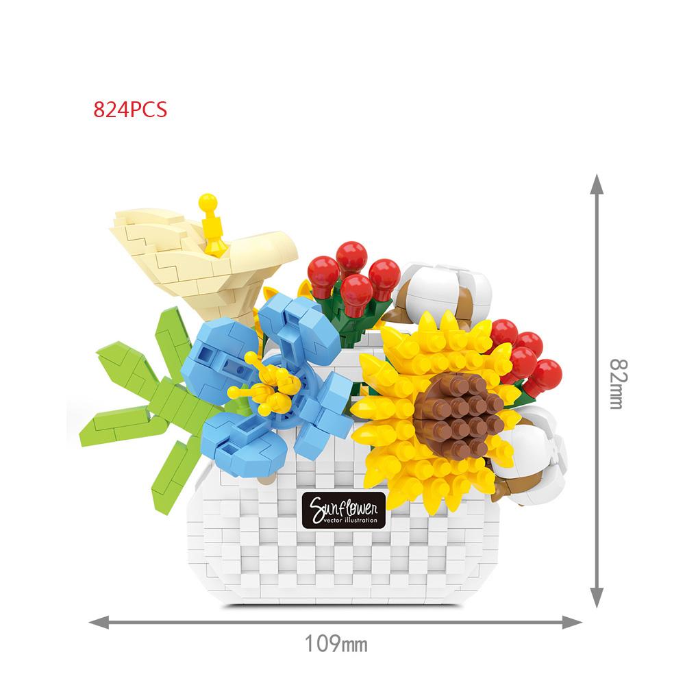 Home Furnishing Building Brick Sunflower Rose Chrysanthemum Mini Block Flower Basket Assemble Toys Construction For Girl Gifts
