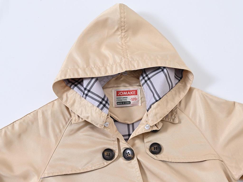 Girls' British Style Button Trench Coat with Detachable Hood - Waist-Defining, Solid Color, Mid-Length, Autumn Classic Fashion.