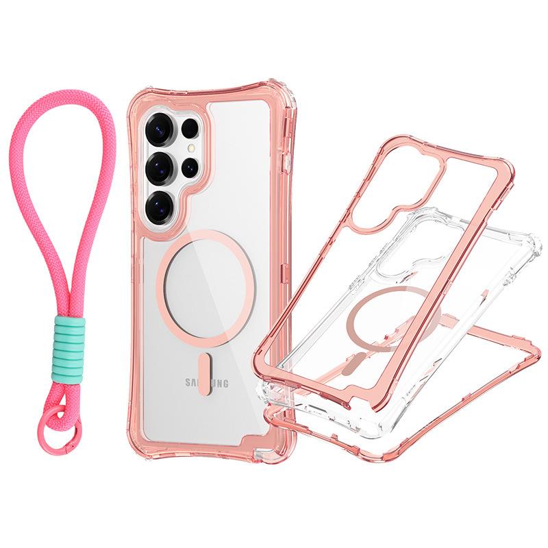 For Samsung S25 Ultra Magnetic Transparent Triple-Function Phone Case with Wrist Strap