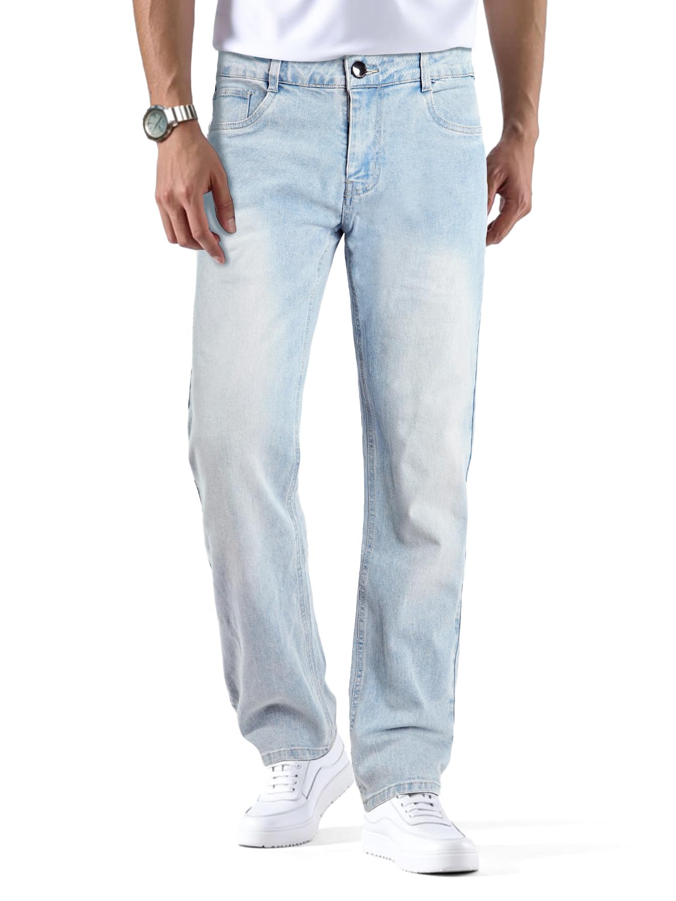 GINGTTO Эластичные Джинсы Удобные Прямые Свободные Зимний Размер Мужские Брюки, Узкие, Скинни, Посадка, Посадка, Весна, Лето, Осень, (Светло-голубой, 30)