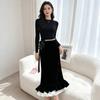 Cotton Blend Velvet Midi Skirt With Lace Trim For Elegant Ladies Spring Autumn Wear