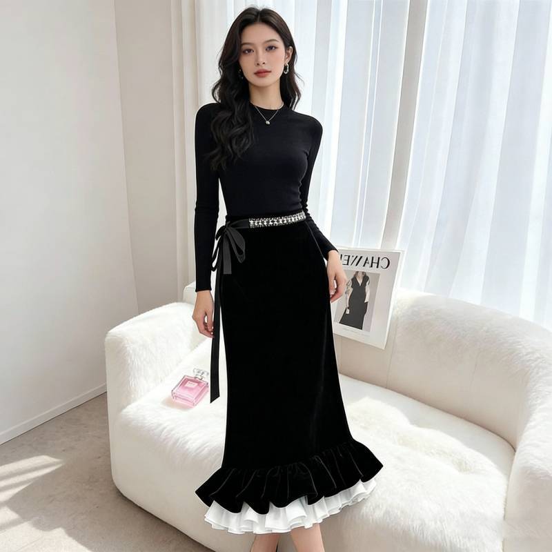 Cotton Blend Velvet Midi Skirt With Lace Trim For Elegant Ladies Spring Autumn Wear