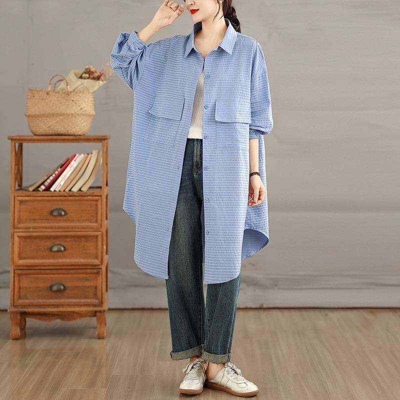 

Blue Women s Textured Long-Sleeved Outer Shirt - Spring/Summer Lazy Style Extra Large світло-синій колір