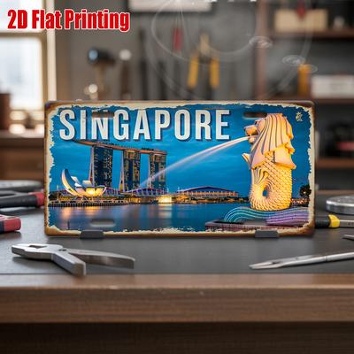 Druck, , Singapur Marina Bay und Merlion-Motiv Metall-Nummernschild, Dekorative Schilder & Plaketten, Vintage-Aluminiumschild, P