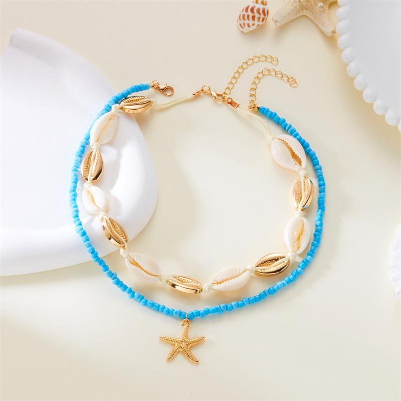 Boho Vintage Metal Starfish Shell Pendant Necklace for Women Colorful Rice Beads Choker Double Layer Chain Choker Beach Jewelry