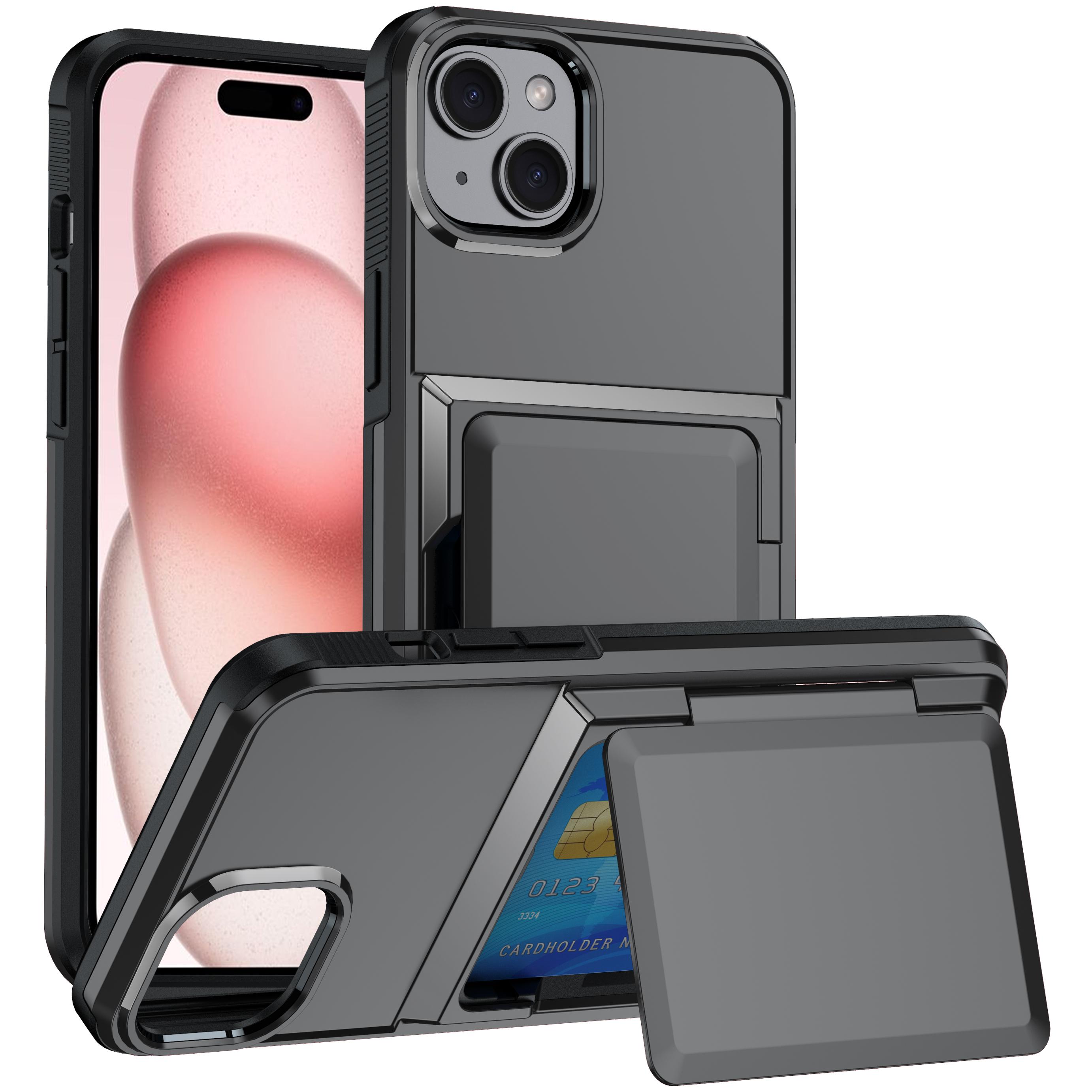 

For iPhone 15 Cases Card Slot TPU+PC Kickstand Phone Case Grey