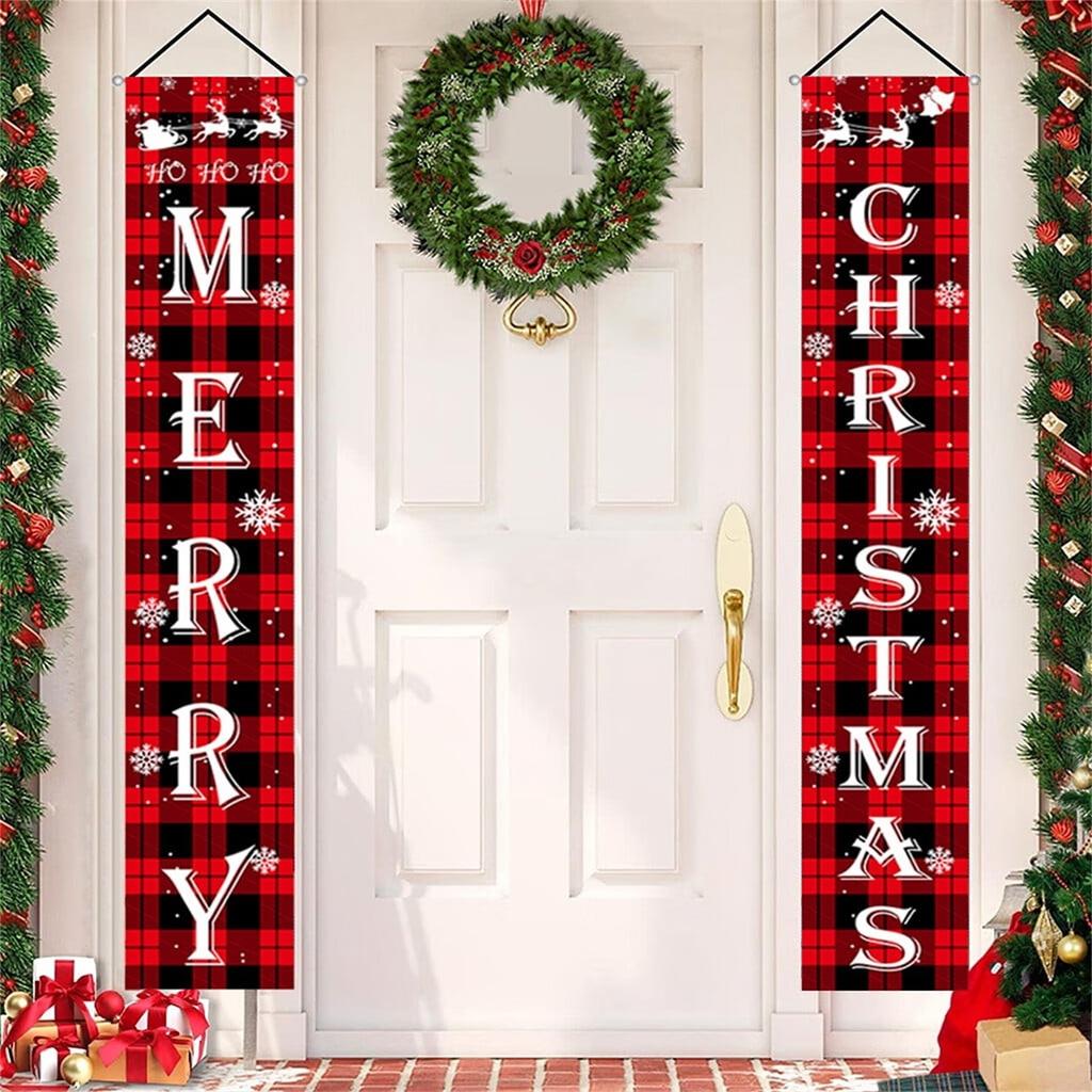 Merry Christmas Decorations Banner, Christmas Porch Sign Red Plaid Hanging Banners For Indoor Outdoor Front Door Wall Xmas Decor