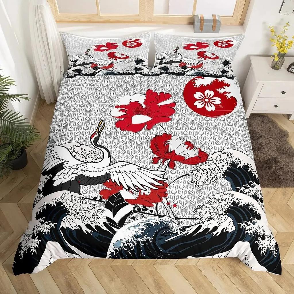 Koi Fish Duvet Cover Set Carp Tie Dye Bedding Sets Traditional Chinese Ink Art Bedspread Lotus Leaf Nature Quilt Cover Full Size