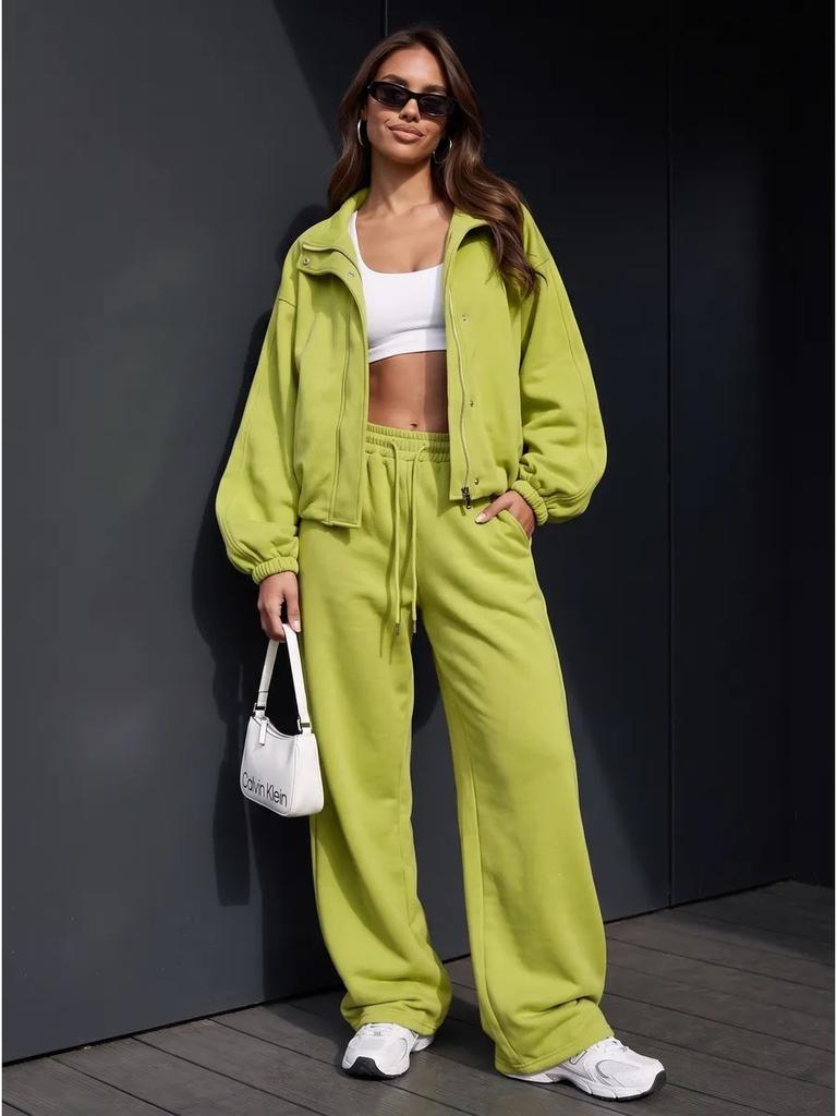 Basic full zipper sports suit for women, loose waist jacket, elastic waist wide-leg trousers two-piece set