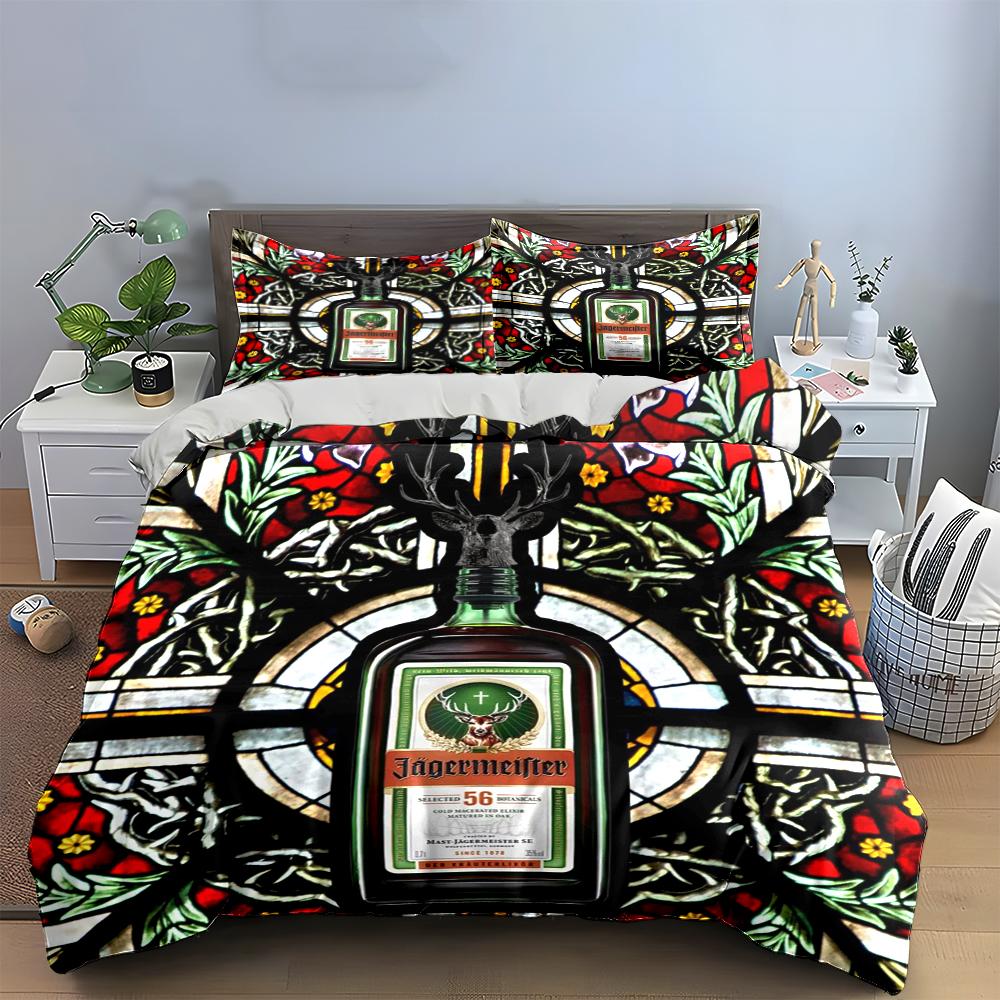 Jägermeister Butelka Wzór Witrażowy Zestaw Pościeli (1 poszewka na kołdrę, 2 poszewki na poduszki, kołdra nie jest dołączona)