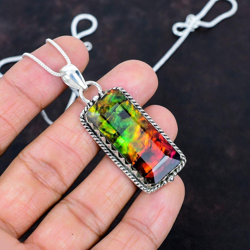Faceted Ammolite Pendant Gemstone Handmade Jewelry 925 Sterling Silver Pendant