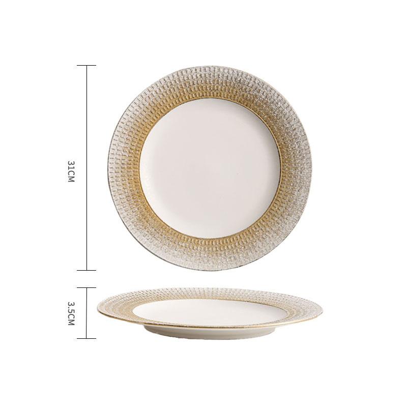 Relief Textured Ceramic Shallow Plate White Gold Steak Plate Pasta Plate Dessert Dish Snack Plates Hotel Creative Tableware