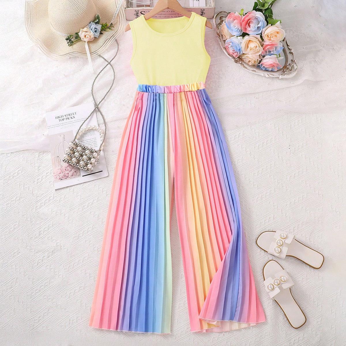 

Костюм для девочек 2025 Лето Короткий безрукавный жилет + цветные плиссированные брюки Комплект из двух предметов 11Y