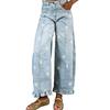 Women's Vintage Floral Daisy Print Wide Leg Jeans High Waist Ruffle Hem Patchwork Loose Denim Pants