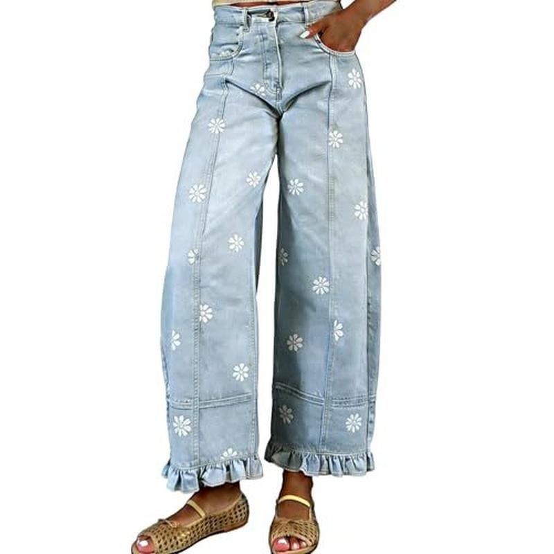 Women's Vintage Floral Daisy Print Wide Leg Jeans High Waist Ruffle Hem Patchwork Loose Denim Pants