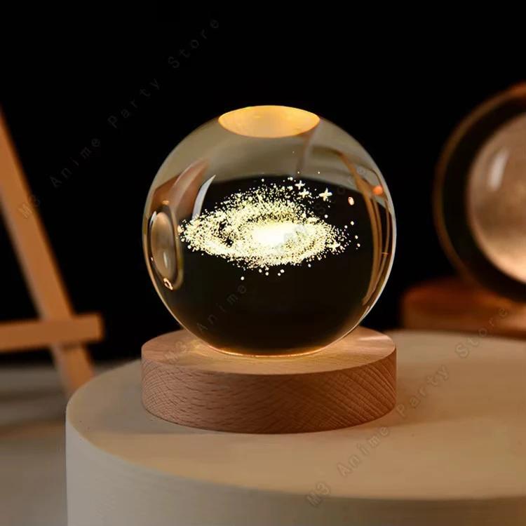 6cm Galaxy Solar System 3D Crystal Ball LED Night Light USB Charging Moon Planet Glowing Lamp for Bedroom Gift Home Decoration