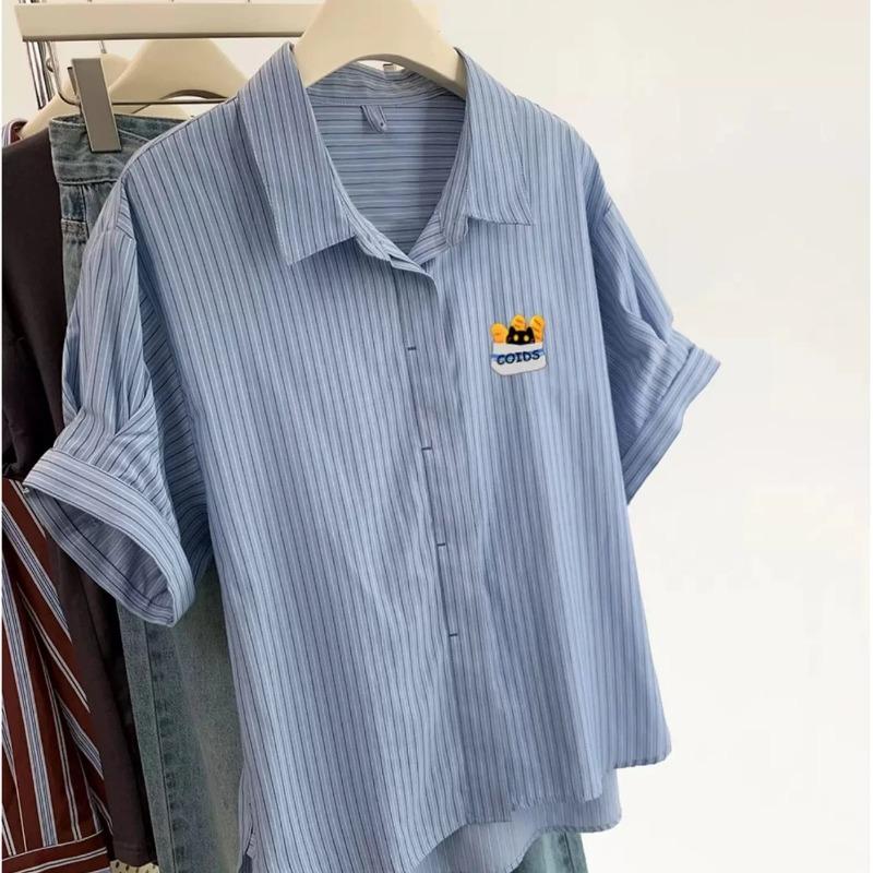 

Striped Short-sleeved New Shirt Lapel Loose Top XL синій