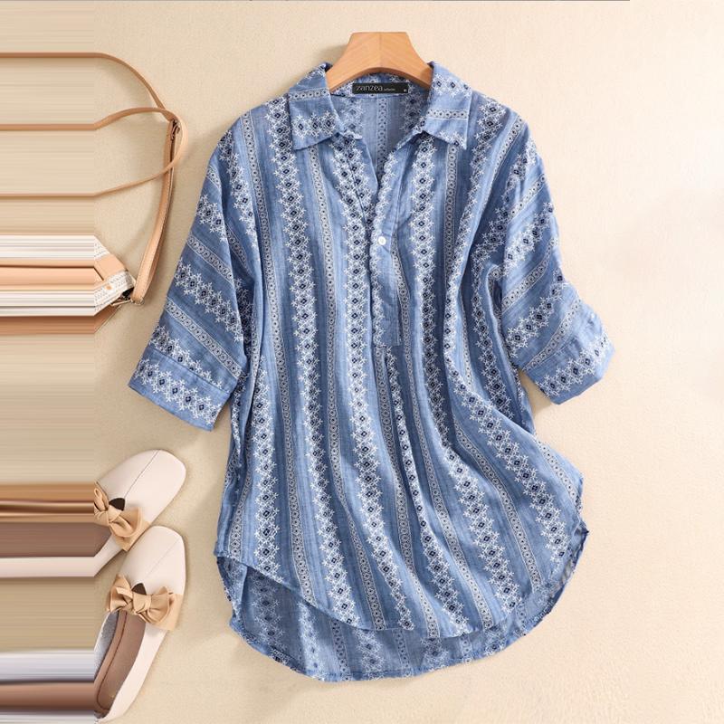 ZANZEA Women Turn Down Collar 3/4 Sleeve Loose Floral Blouse