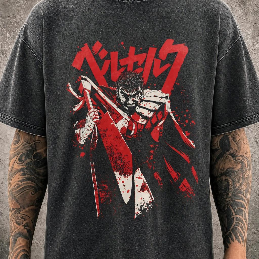 Guts Berserk Splatter Mineral Washed Graphic Shirt | Heavyweight Oversized Tee | Vintage Streetwear