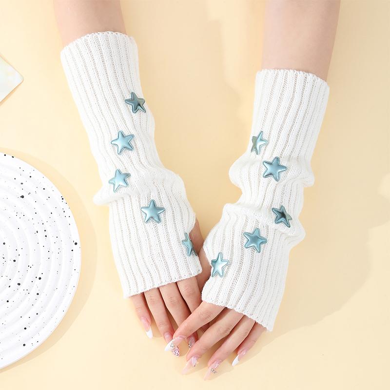 New Autumn Winter Knitted Warm Arm Cover Star Gloves Women Pile Exposed Finger Y2k Sleeve Sweet Keep Warm Sleeve Cover