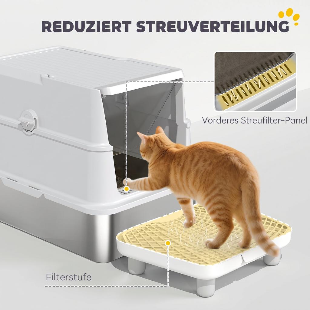 Cat Litter Box, Stainless Steel, XL Interior, with Scoop, Light Gray