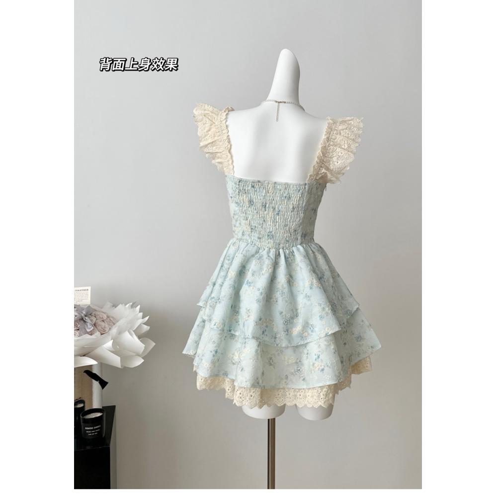 Summer Sweet Spice Girl Small Flying Sleeve Blue Floral Sweet Princess Cake Dress Waist Trouser Dress Children's Dress Women