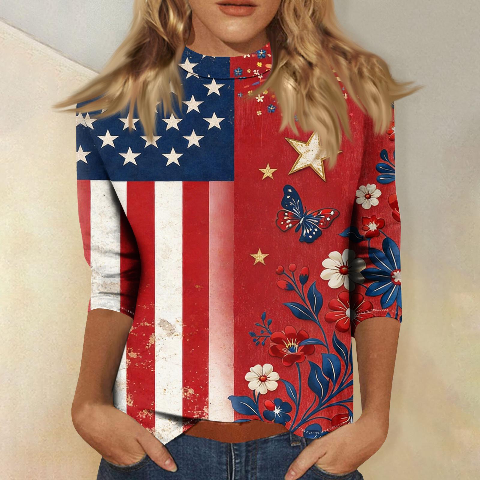 

Women s Fashionable Casual Mid-Neck 3/4 Sleeve Independence Day Print T-Shirt Top XL винний