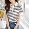 Women's Turn Down Collar Short Sleeve Striped Top Regular Fit Commute Style T-Shirt