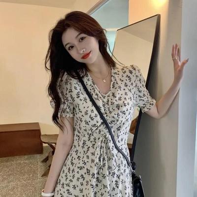 Falda de Verano con Estampado Floral y Temperamento, Vestido de Longitud Media con Mangas Cortas, Estilo Francés Fresco y Dulce, Vestido de Hada, Ropa de Mujer a la Moda