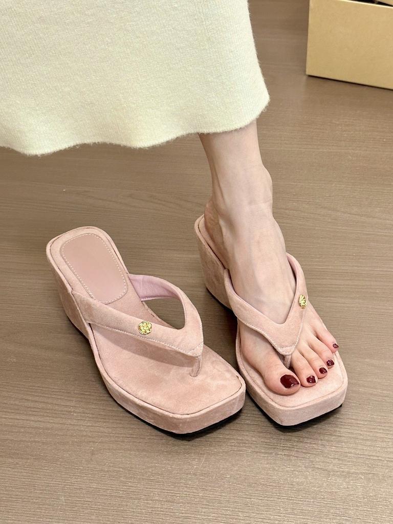 Mint Camellia! Temperament Suede Square Head Metal Buckle Slope Heel Flip-flops Female Summer Toe Thick-soled Slippers