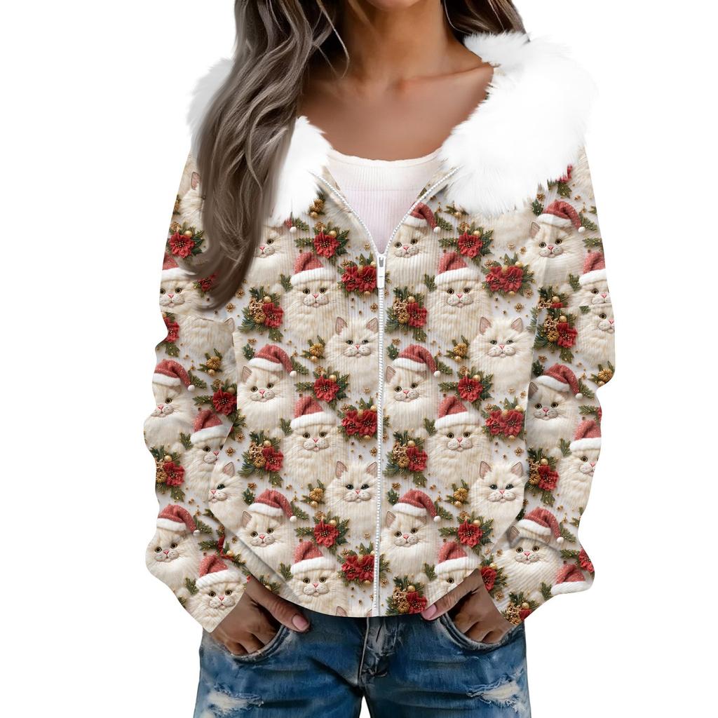 Women's Fashion Casual Sweater Zipper Print Cardigan Plush Hooded Jacket