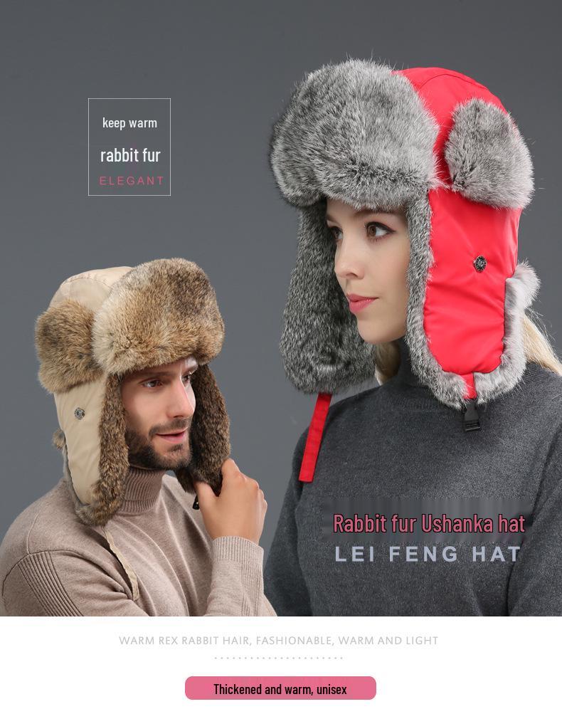 Unisex Winter Rabbit Fur Lei Feng Hat: Warm, Thick, Ear Protection for Outdoor and Skiing