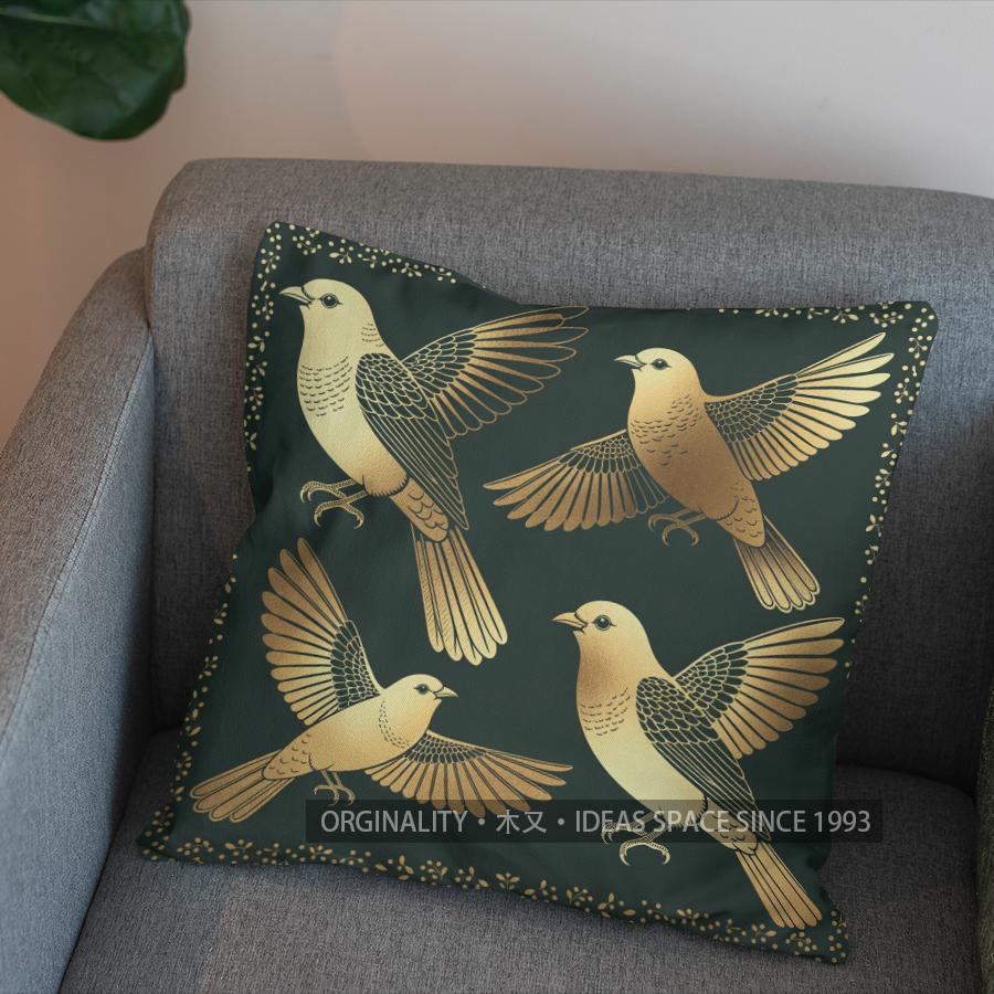 2D Flying Green Birds With Gold Stars Pillow Cover Pattern Cushion Cover Suitable For Sofa Bedroom Car Pillow Cover