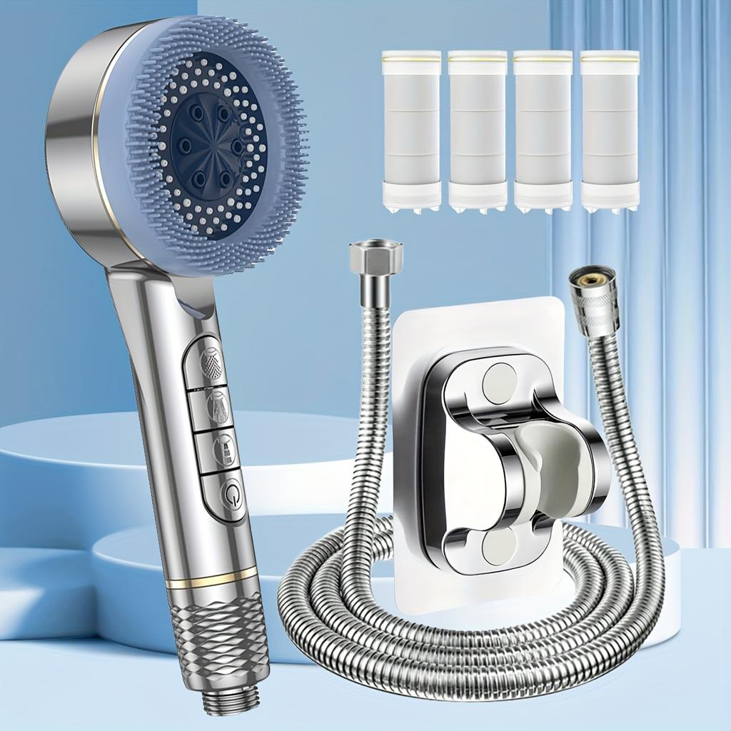 Handgehaltener Druck-Duschkopf, Vier Duschmodi, Ionisator, Ein/Aus-Schalter, Filter-Massagegerät mit Schlauch & Verstellbarem Halter, Nur zur Duschverwendung