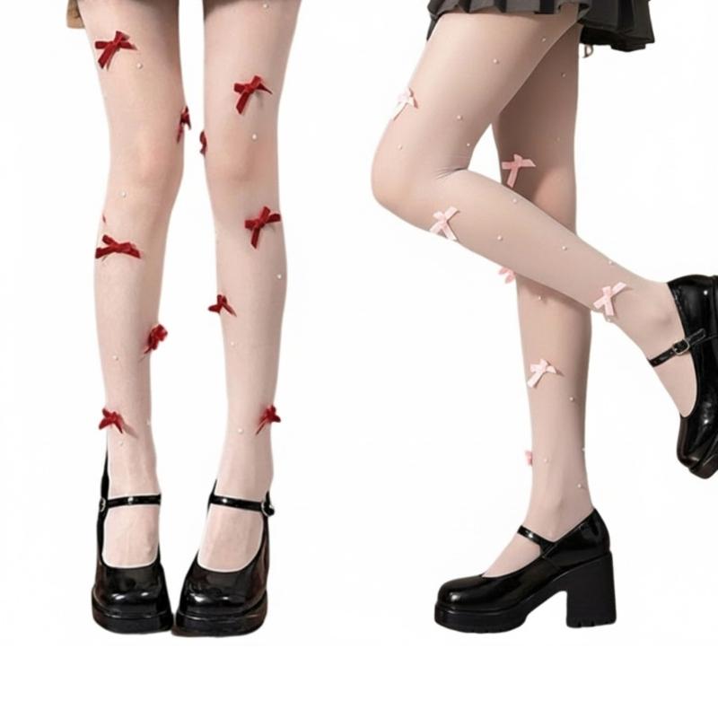 Women's Sheer Tights Control Top Pantyhose Sparkly Bows Pearls Pantyhose Tights Nylon Stockings