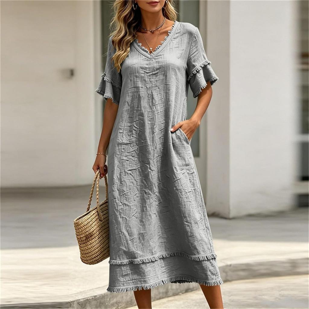 Women's Casual Loose Fit Midi Dress V Neckline Half Sleeve Ruffle Trim Lightweight Summer Dress