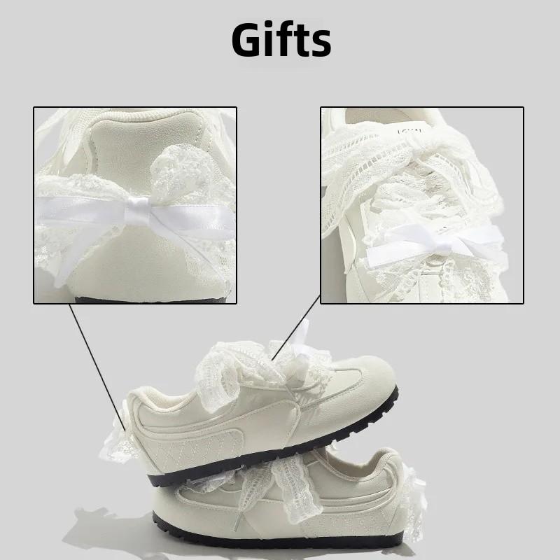 Elegant Lace Butterfly Knot Milk White Flat Bottom Women's Shoes Spring New Style Versatile T-strap Flats Casual Shoes