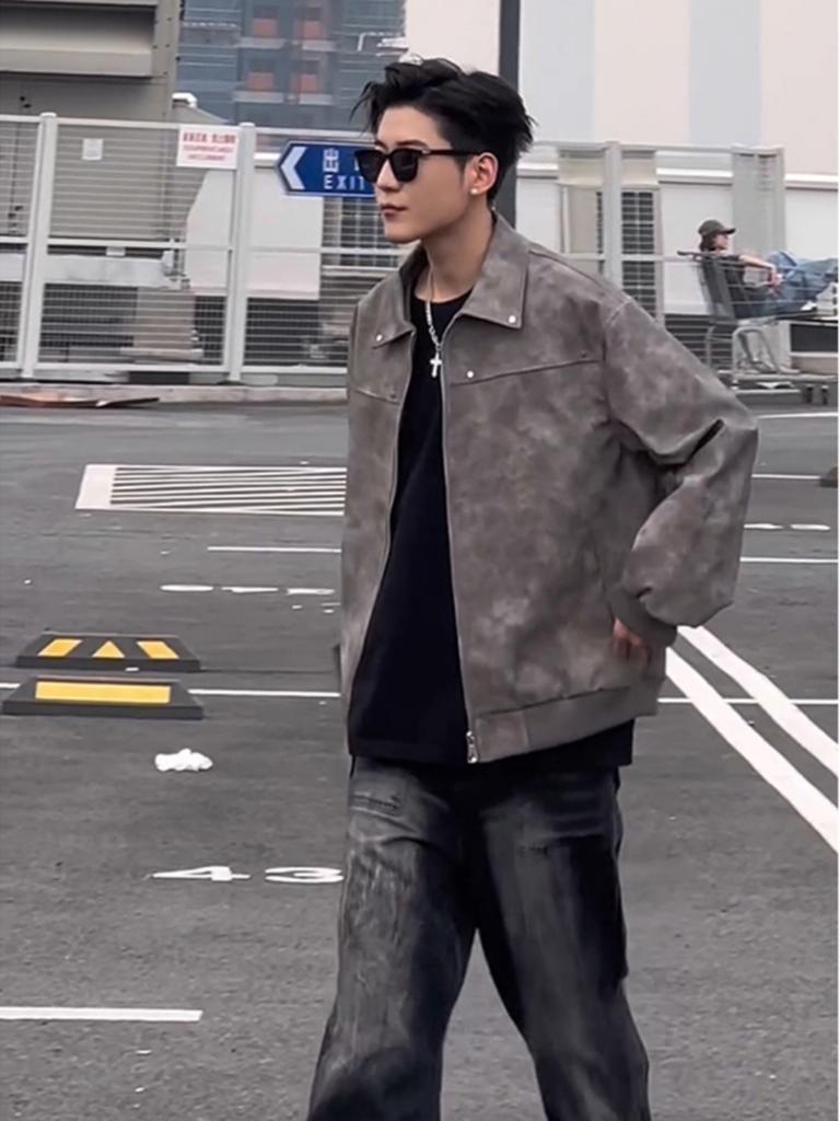 Cleanfit gray short leather jacket American ruffian handsome high-end men's vintage lapel locomotive leather jacket