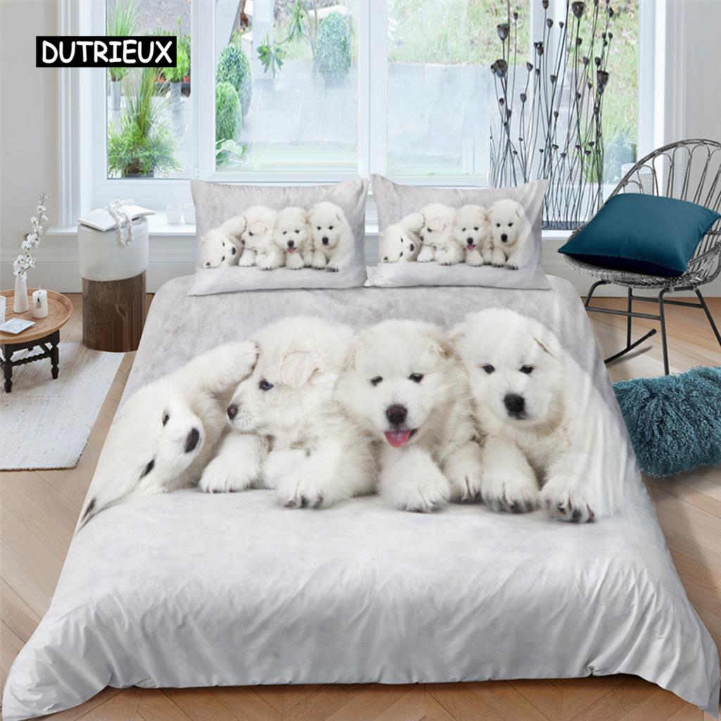 3D Dog King Queen Full Twin Duvet Cover Funny Puppy Bedding Set Teens Adult Kawaii Pet Animal White 2/3pcs Polyester Quilt Cover