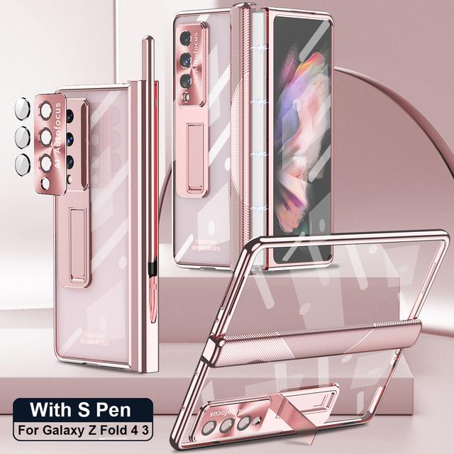 With S Pen Plating Clear Magnetic Case For Samsung Galaxy Z Fold 4 5G Kickstand 360 Full Screen Protector Phone Cover Z Fold 3