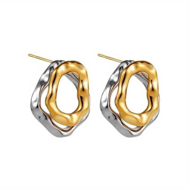 1PAIR Double Layer Irregular Geometric Pattern Copper Earrings, Uneven Surface Fashion Gold and Silver Jewelry Gift