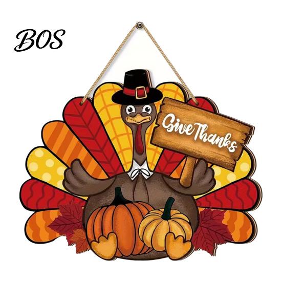 Festive Thanksgiving Board Wooden Sign, Turkey and Pumpkin Welcome Wall Hanging Decor with "Give Thanks" Outdoor , Rustic Farmhouse Fall Harvest