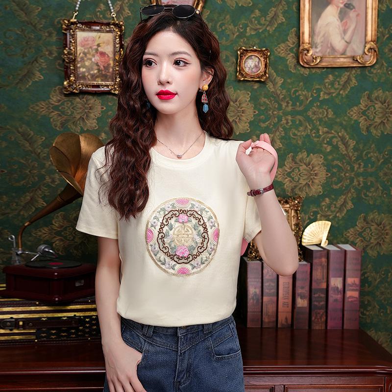 

Женская летняя хлопковая футболка в китайском стиле 2024: Трендовый топ с коротким рукавом L абрикосовый