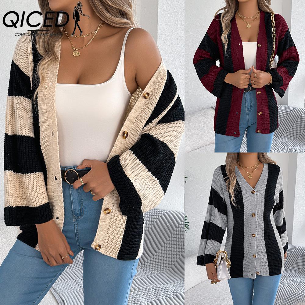QICED Autumn and Winter Color-blocking Striped Flared Sleeve Cardigan Sweater Mid-length Coat Women's Wear
