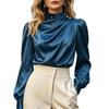 Damen S Satin Pullover Hemd Langarm Stehkragen Ballonärmel Einfarbig