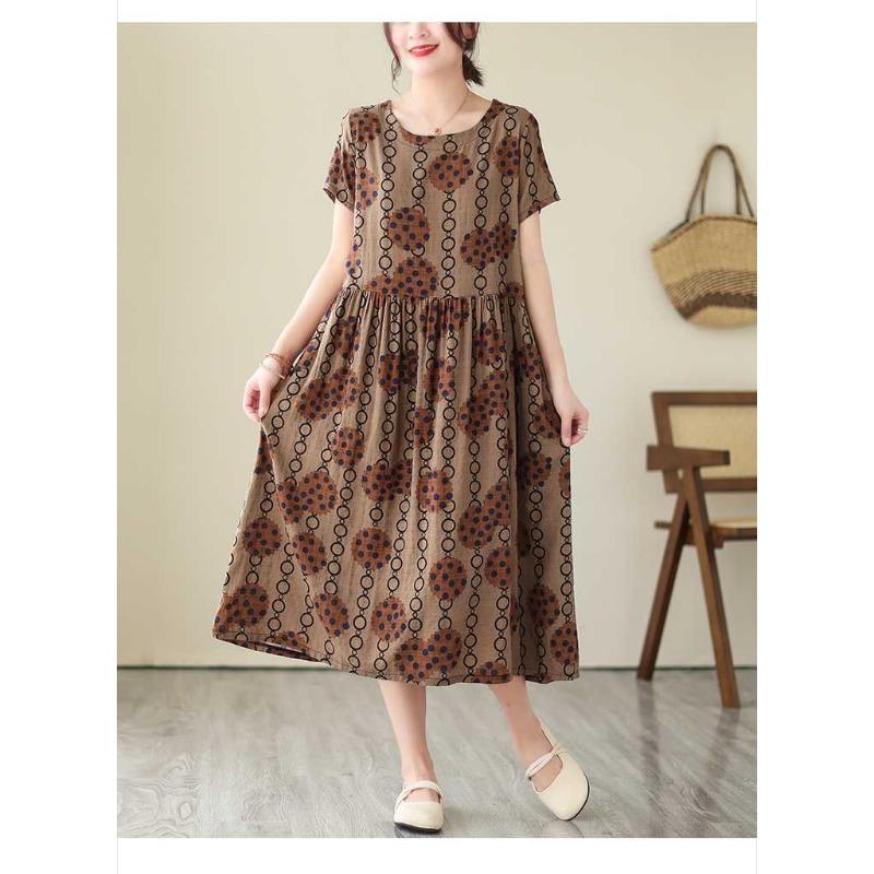 2025 Summer New Retro Literary Loose Round Neck Short Sleeve Midi Dresses