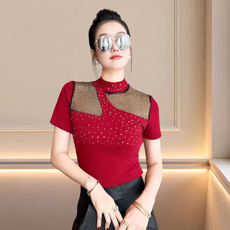 Summer New Women Luxury Hollowed-Out Hot Diamonds T-shirt Fashion Short Sleeve Casual Tops Streetwear Girl Cotton Tees Blouse